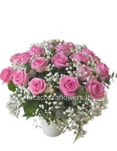 Bouquet di composto da 12 rose rosa e gypsophila